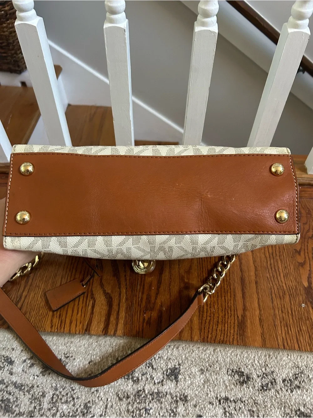 Michael Kors Cream and Tan Logo Satchel with Gold Hardware